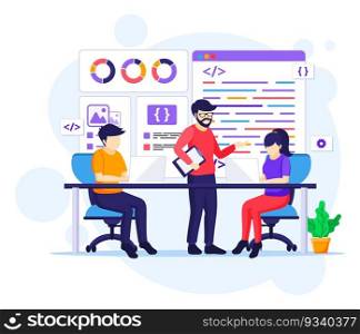 Programmers at work concept, People work on table using laptops programming and coding flat vector illustration