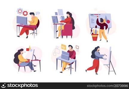 Programmers characters. Web codders designers working testers mailing writers garish vector illustrations of stylized people. Illustration coder work, programmer development. Programmers characters. Web codders designers working testers mailing writers garish vector illustrations of stylized people