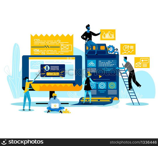 Programmers Characters Working Together Coding, Creating New Website, Software or Application for Mobile, Creative Team, Teamworking Web Development Business Concept. Cartoon Flat Vector Illustration. Programmers Working Together Creating New Website