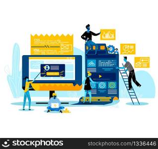Programmers Characters Working Together Coding, Creating New Website, Software or Application for Mobile, Creative Team, Teamworking Web Development Business Concept. Cartoon Flat Vector Illustration. Programmers Working Together Creating New Website