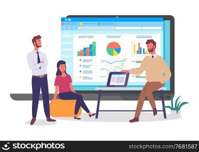 Programmers, coders or businesspeople analysing data, chart, graphics, infographics at website, young guy with laptop show presentation, people discussing graphic analytics, statistics, infocharts. Businesspeople, programmers, coders analysing data, chart, graphics, infographics at website
