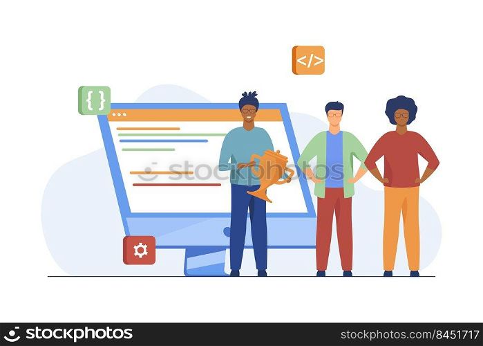 Programmers competition winner. Guy holding golden cup near pc monitor, coding symbols flat vector illustration. Programming, coders, leadership concept for banner, website design or landing web page