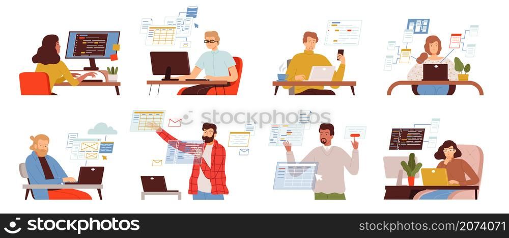Programmers. Hackers freelancers overworked corporate people internet work nowaday vector illustrations. Programming project, web designer at workspace office. Programmers. Hackers freelancers overworked corporate people internet work nowaday vector illustrations