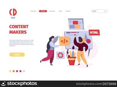 Programmers landing. Coders and web designers working freelancer persons garish vector template. Illustration programmer freelancer, workplace geek coding. Programmers landing. Coders and web designers working freelancer persons garish vector template