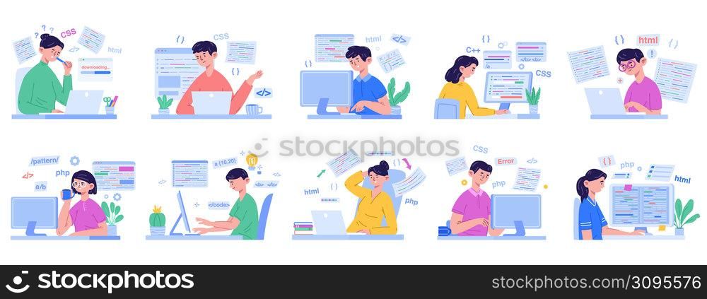 Programmers, software developers, code engineer characters. Human characters working on laptop vector illustration set. People using programming language for software develop. Programmers, software developers, code engineer characters. Human characters working on laptop vector illustration set. People using programming language