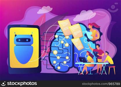 Programmers testing chatbot intelligence and brain with circuit. Chatbot Turing test, intelligent behavior, human-like response concept. Bright vibrant violet vector isolated illustration. Chatbot passing the Turing test concept vector illustration.