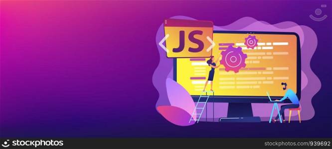 Programmers using JavaScript programming language on computer, tiny people. JavaScript language, JavaScript engine, JS web development concept. Header or footer banner template with copy space.. JavaScript concept banner header.