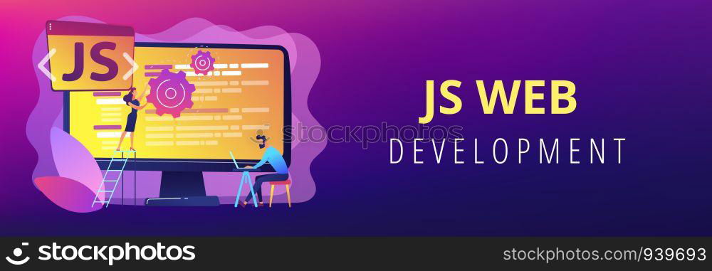 Programmers using JavaScript programming language on computer, tiny people. JavaScript language, JavaScript engine, JS web development concept. Header or footer banner template with copy space.. JavaScript concept banner header.