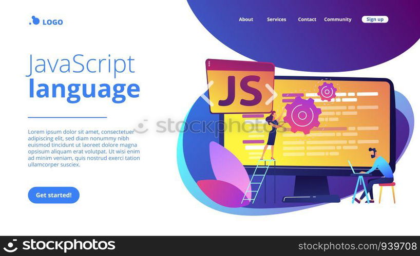 Programmers using JavaScript programming language on computer, tiny people. JavaScript language, JavaScript engine, JS web development concept. Website vibrant violet landing web page template.. JavaScript concept landing page.