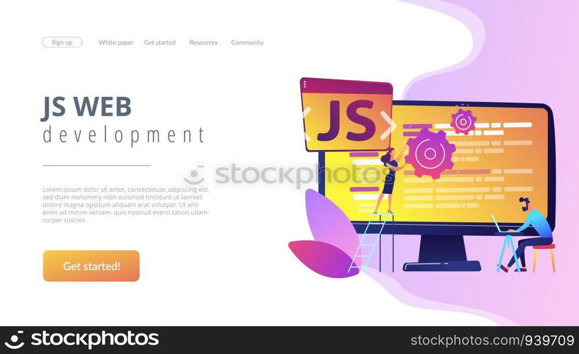 Programmers using JavaScript programming language on computer, tiny people. JavaScript language, JavaScript engine, JS web development concept. Website vibrant violet landing web page template.. JavaScript concept landing page.