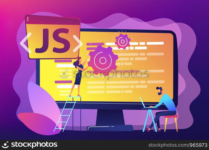 Programmers using JavaScript programming language on computer, tiny people. JavaScript language, JavaScript engine, JS web development concept. Bright vibrant violet vector isolated illustration. JavaScript concept vector illustration.