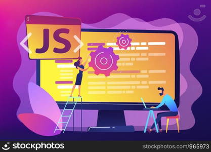 Programmers using JavaScript programming language on computer, tiny people. JavaScript language, JavaScript engine, JS web development concept. Bright vibrant violet vector isolated illustration. JavaScript concept vector illustration.