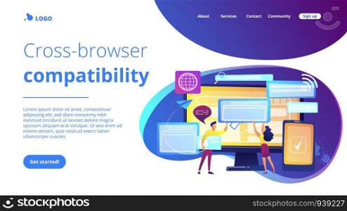 Programmers with browser windows and pc and tablet. Cross-browser compatibility, cross-browser and browser compatible concept on white background. Website vibrant violet landing web page template.. Cross-browser compatibility concept landing page.