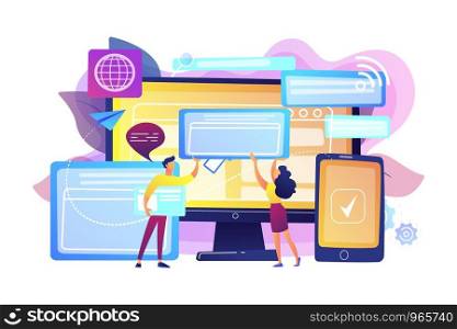 Programmers with browser windows and pc and tablet. Cross-browser compatibility, cross-browser and browser compatible concept on white background. Bright vibrant violet vector isolated illustration. Cross-browser compatibility concept vector illustration.