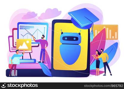 Programmers with charts make chatbot learn data from past results. Chatbot self learning, virtual assistants learning, AI machine learning concept. Bright vibrant violet vector isolated illustration. Chatbot self learning concept vector illustration.