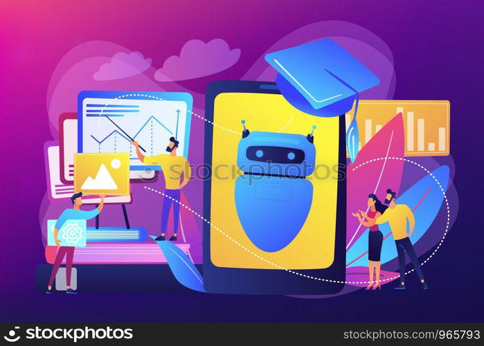 Programmers with charts make chatbot learn data from past results. Chatbot self learning, virtual assistants learning, AI machine learning concept. Bright vibrant violet vector isolated illustration. Chatbot self learning concept vector illustration.