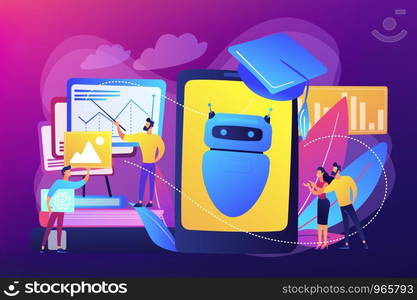 Programmers with charts make chatbot learn data from past results. Chatbot self learning, virtual assistants learning, AI machine learning concept. Bright vibrant violet vector isolated illustration. Chatbot self learning concept vector illustration.