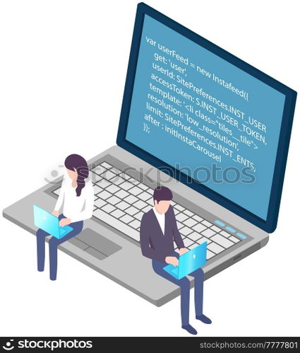 Programmers working on computers. Programming or coding concept. Cartoon characters work with laptops, create program code. IT specialists are engaged in programming. Teamwork with coding and programs. IT specialists are engaged in programming. Teamwork with coding and program code creation