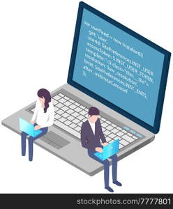 Programmers working on computers. Programming or coding concept. Cartoon characters work with laptops, create program code. IT specialists are engaged in programming. Teamwork with coding and programs. IT specialists are engaged in programming. Teamwork with coding and program code creation