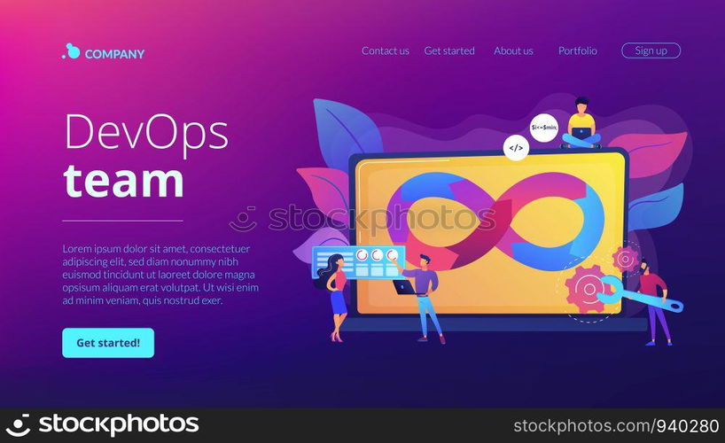 Programmers working on project. Website development methodology. Technical support. DevOps team, software development team, DevOps workflow concept. Website homepage landing web page template.. DevOps team concept landing page
