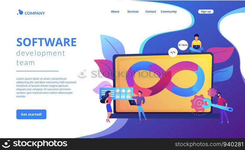 Programmers working on project. Website development methodology. Technical support. DevOps team, software development team, DevOps workflow concept. Website homepage landing web page template.. DevOps team concept landing page