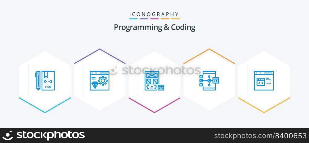 Programming And Coding 25 Blue icon pack including develop. app. develop. page. develop