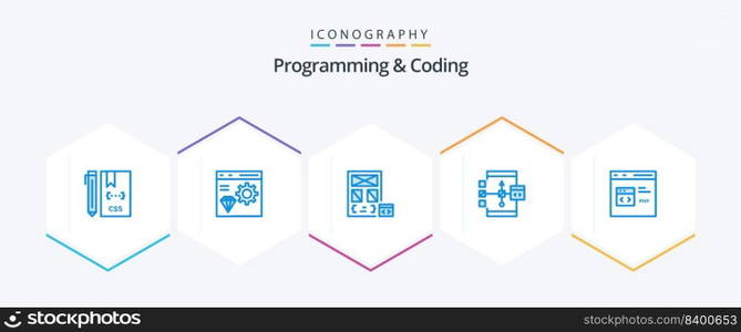 Programming And Coding 25 Blue icon pack including develop. app. develop. page. develop