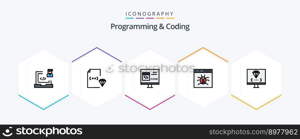 Programming And Coding 25 FilledLine icon pack including bug. app. document. development. coding