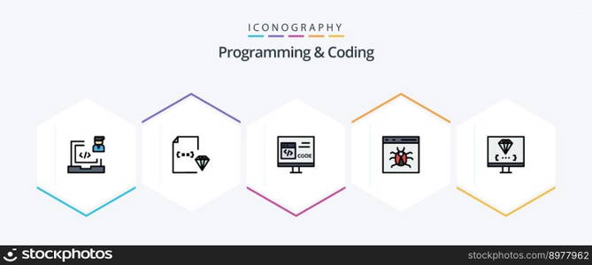 Programming And Coding 25 FilledLine icon pack including bug. app. document. development. coding