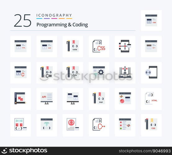 Programming And Coding 25 Flat Color icon pack including develop. coding. development. file. develop