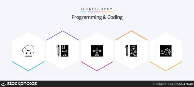 Programming And Coding 25 Glyph icon pack including develop. browser. flowchart. programming. development