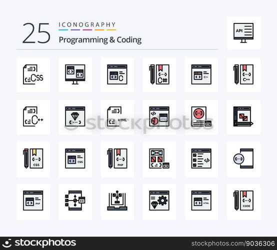 Programming And Coding 25 Line Filled icon pack including develop. c. develop. development. coding