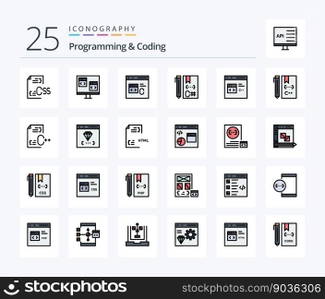 Programming And Coding 25 Line Filled icon pack including develop. c. develop. development. coding