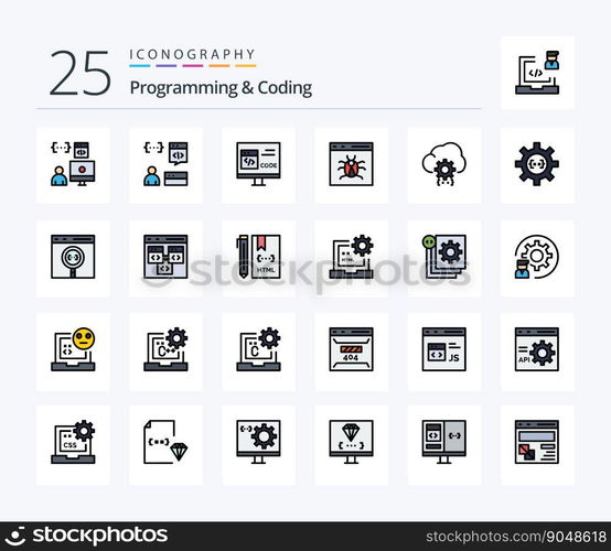 Programming And Coding 25 Line Filled icon pack including develop. cloud. develop. development. bug