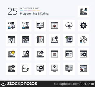 Programming And Coding 25 Line Filled icon pack including develop. cloud. develop. development. bug