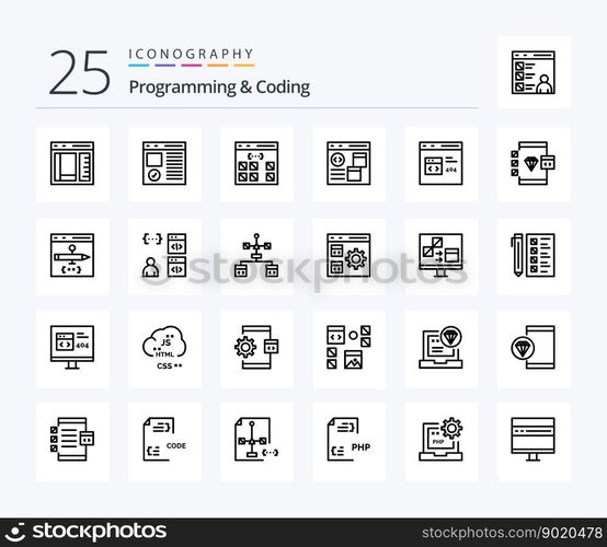 Programming And Coding 25 Line icon pack including develop. app. development. development. coding