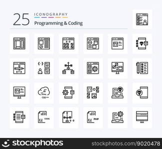 Programming And Coding 25 Line icon pack including develop. app. development. development. coding