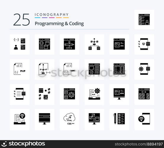 Programming And Coding 25 Solid Glyph icon pack including develop. browser. document. document. develop