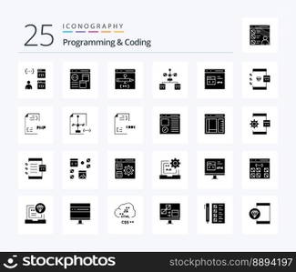 Programming And Coding 25 Solid Glyph icon pack including develop. browser. document. document. develop