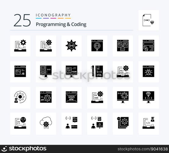 Programming And Coding 25 Solid Glyph icon pack including development. browser. development. development. coding