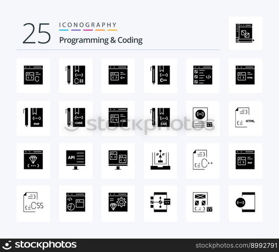 Programming And Coding 25 Solid Glyph icon pack including development. coding. development. html. develop