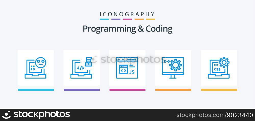 Programming And Coding Blue 5 Icon Pack Including develop. coding. laptop. js. develop. Creative Icons Design