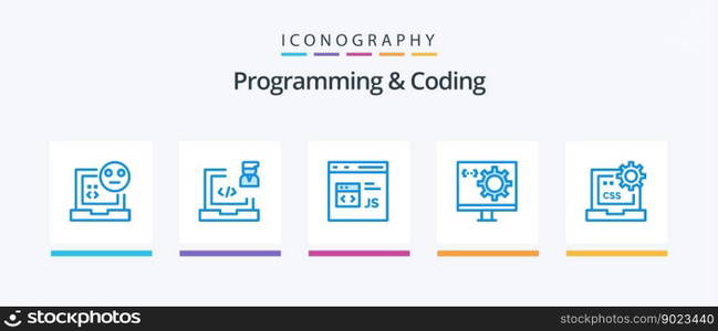 Programming And Coding Blue 5 Icon Pack Including develop. coding. laptop. js. develop. Creative Icons Design