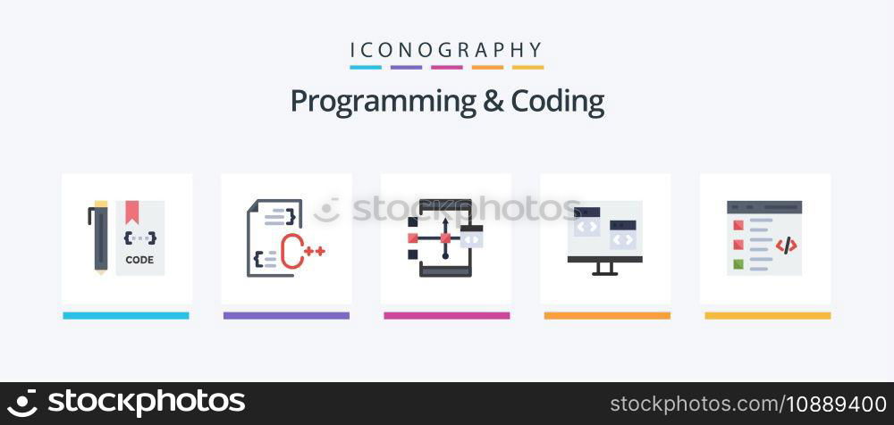 Programming And Coding Flat 5 Icon Pack Including computer. app. development. flowchart. develop. Creative Icons Design