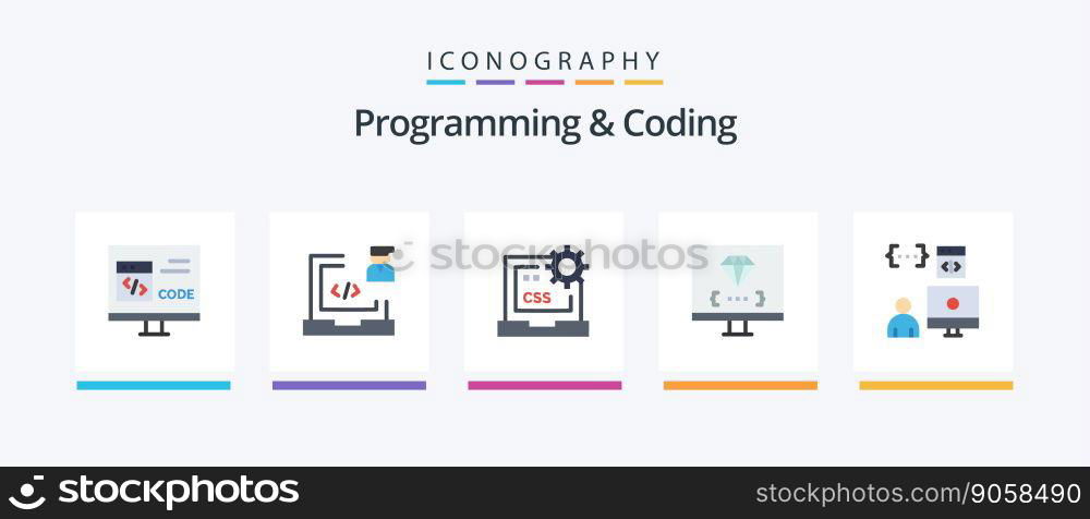 Programming And Coding Flat 5 Icon Pack Including develop. coding. laptop. development. css. Creative Icons Design
