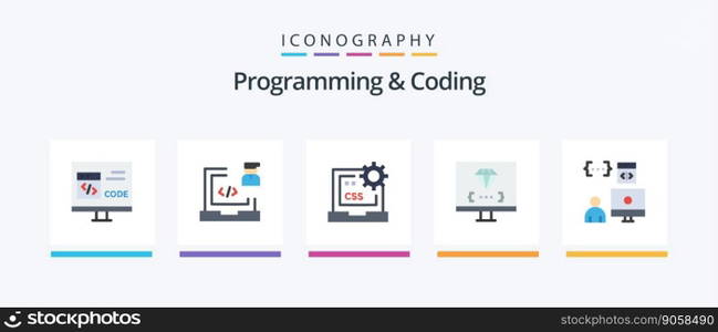 Programming And Coding Flat 5 Icon Pack Including develop. coding. laptop. development. css. Creative Icons Design