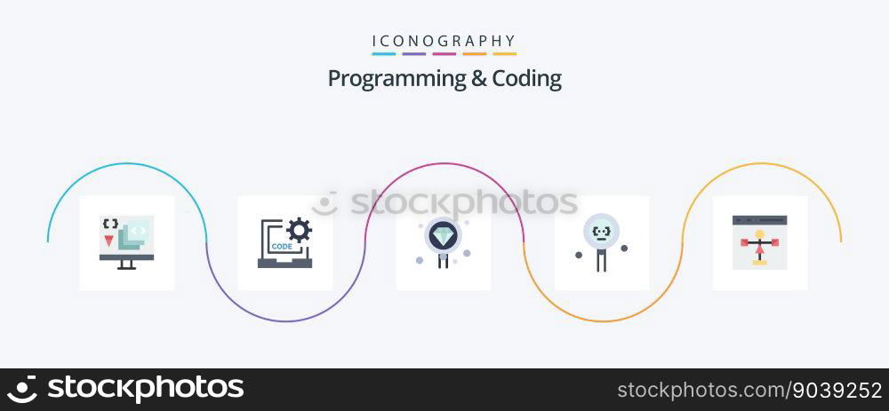 Programming And Coding Flat 5 Icon Pack Including development. coding. development. search. development