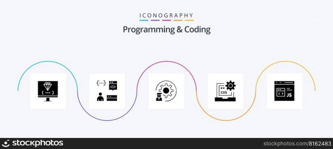 Programming And Coding Glyph 5 Icon Pack Including css. code. development. programmer. development