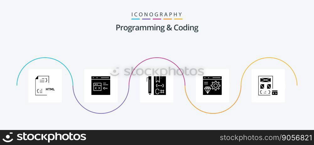 Programming And Coding Glyph 5 Icon Pack Including develop. app. develop. development. coding