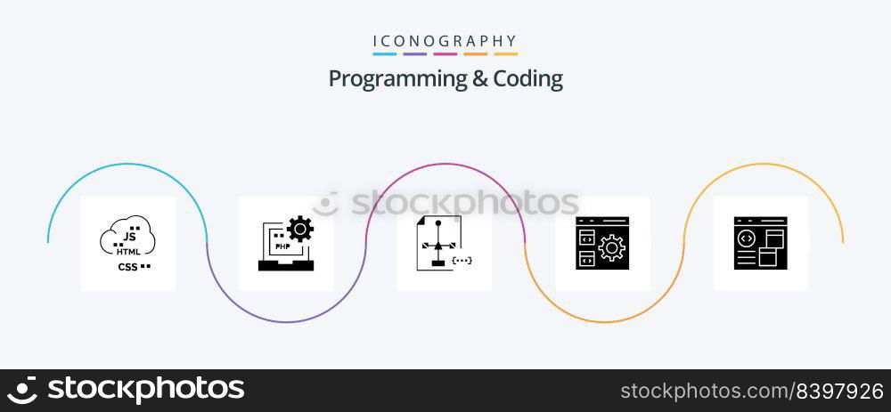 Programming And Coding Glyph 5 Icon Pack Including develop. app. development. file. development